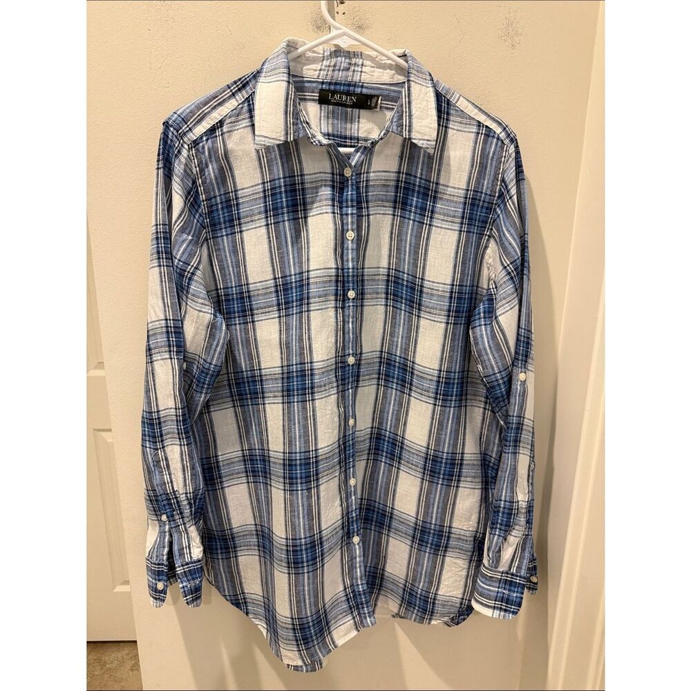 Lauren Ralph Lauren Linen White and Blue Plaid Casual Button-Down Shirt size L